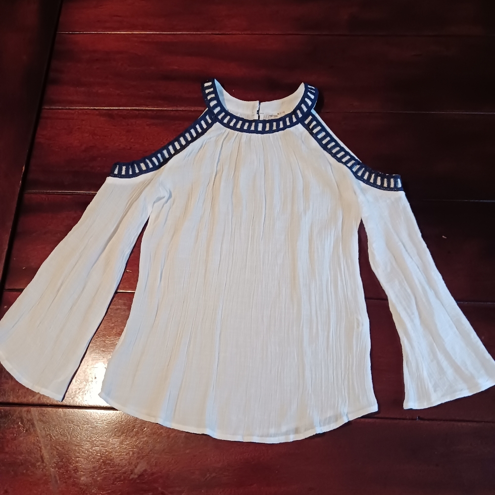 Mine Cutout shoulder blouse long sleeve size S white blue - Picture 5 of 13
